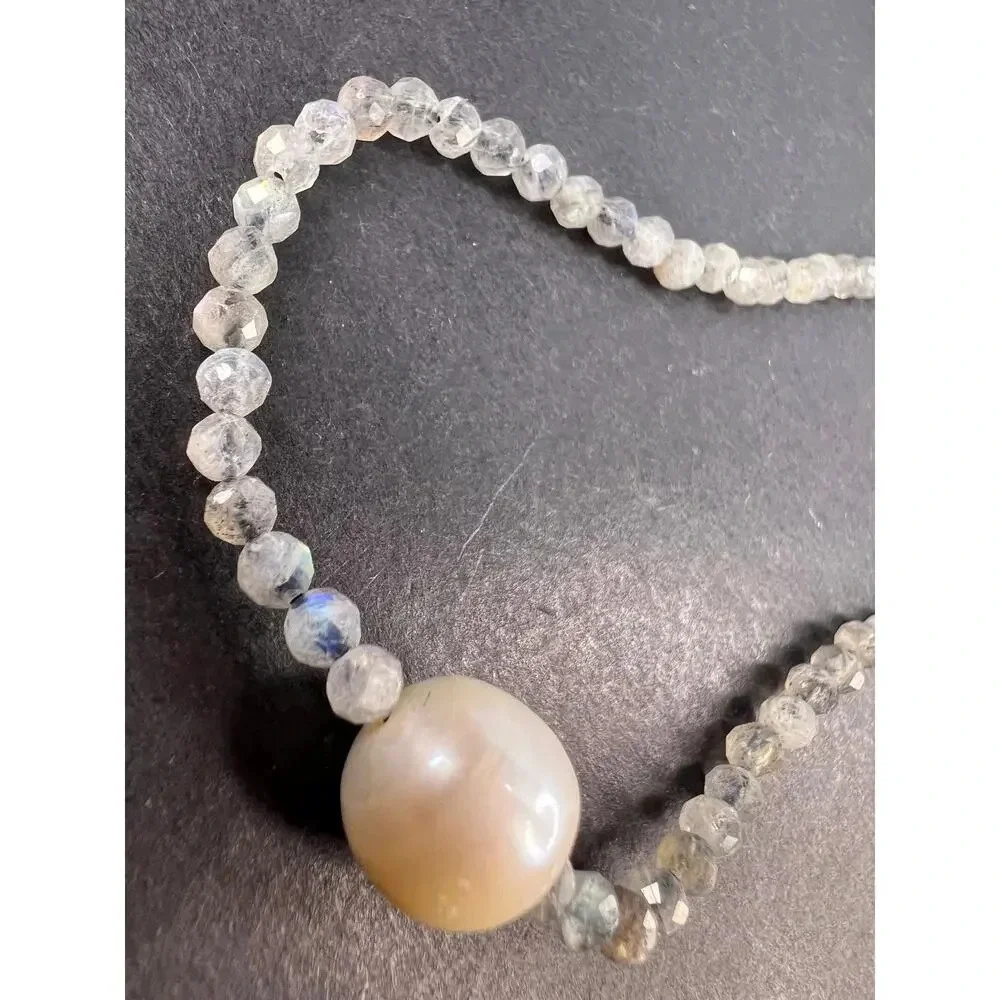 Labradorite and cultured pearl necklace with sterling silver lobster claw clasp
